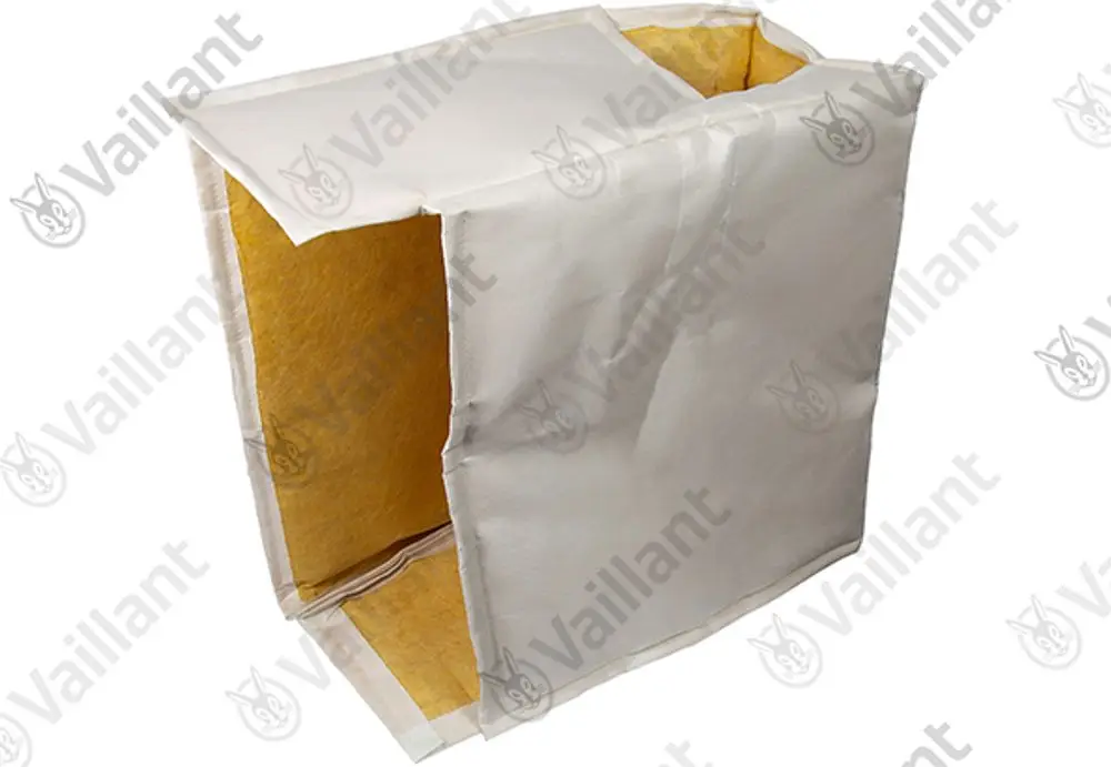 Isoliermaterial in quadratischer Form mit beiger Innenauskleidung, außen in weißem Material. Produkt der Marke Vaillant, wahrscheinlich zur Wärmeisolierung.